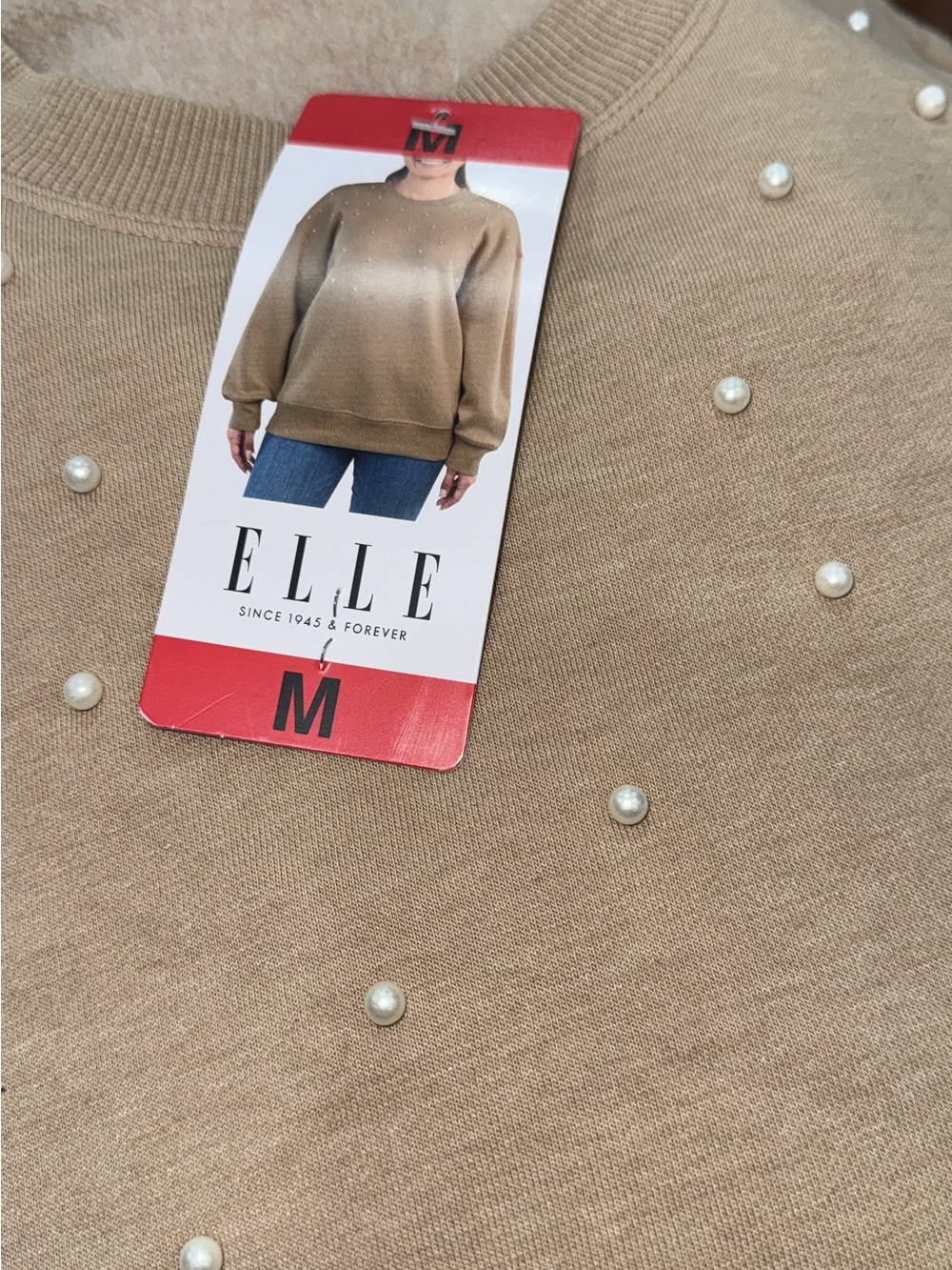 ELLE Taupe Pearl-Embellished Crewneck Sweater